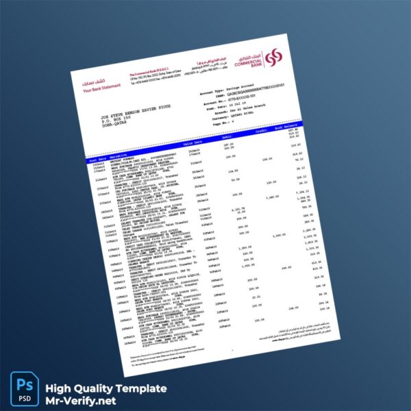 Qatar Debit Card Bank Statement Template in Word and PDF formats 6 page