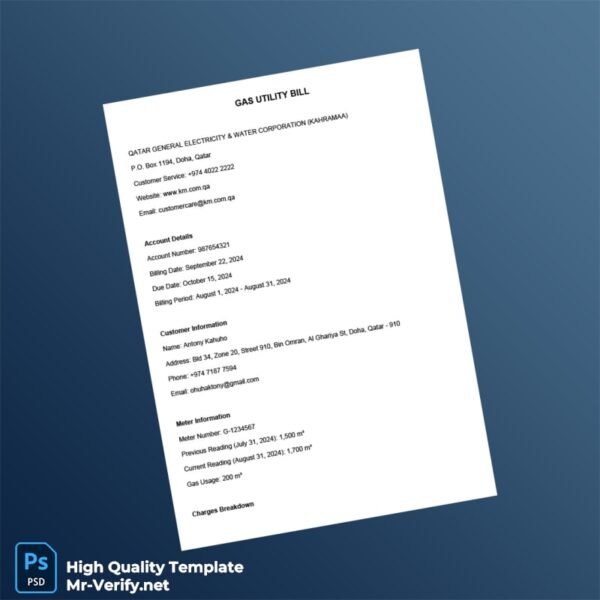 Qatar Qatar General Electricity Water Corporation Kahramaa Editable Gas Utility Bill Template in Word and PDF formats 2 page