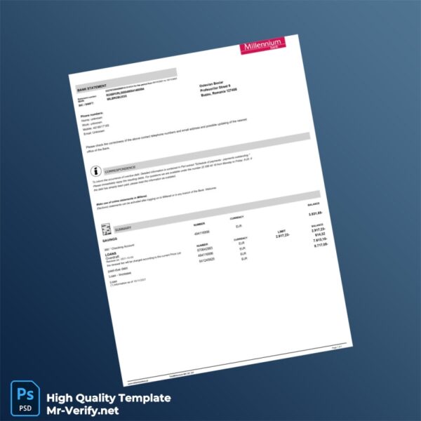 Romania Millenium Bank Statement Template in Word and PDF formats