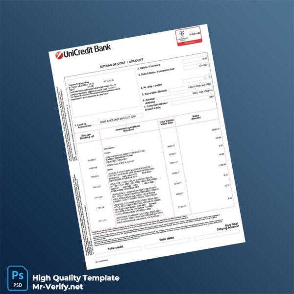 Romania UniCredit Bank Account Statement Template in Word and PDF formats 2 page