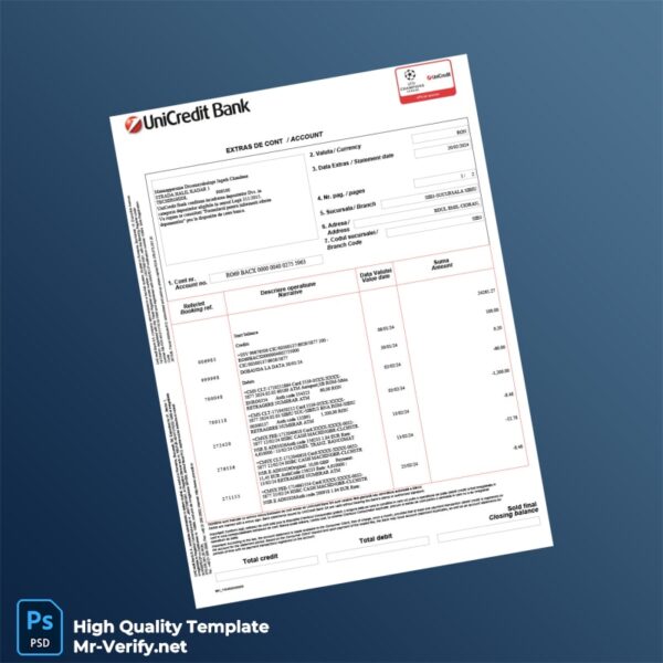 Romania Unicredit Bank Statement Template in Word and PDF formats