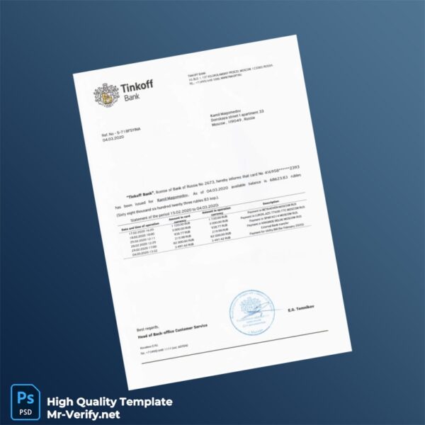 Russia Tinkoff Bank Statement Template in Word and PDF formats