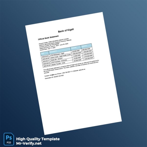 Rwanda Bank of Kigali Bank Statement Template in Word and PDF formats