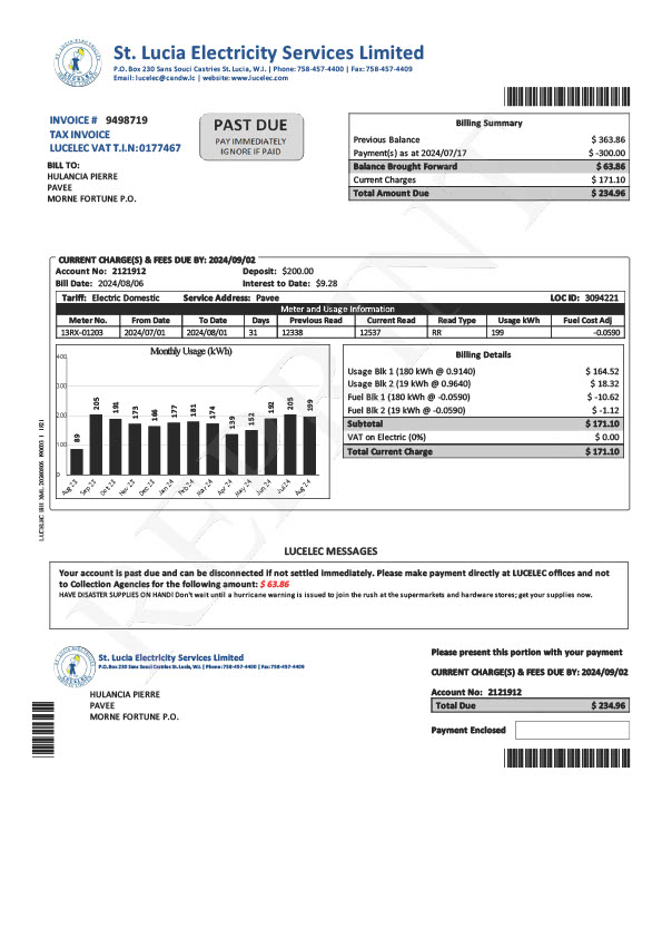 Saint Lucia St Lucia Electricity Services Limited Editable Electricity Bill Template in Word and PDF formats