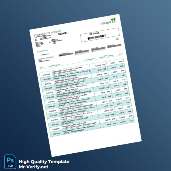 Saudi Arabia NCB Bank Statement Template in Word and PDF formats 2 page