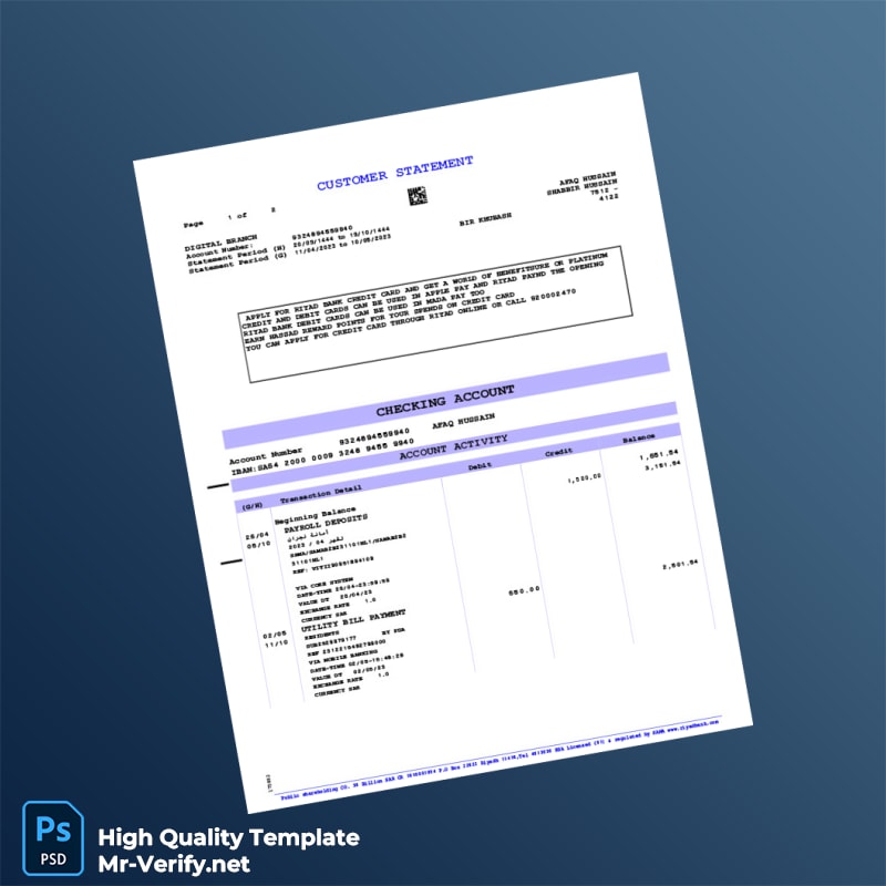 Saudi Arabia Riyad Bank Editable Bank Statement Template in Word and PDF formats 2 page Saudi Arabia Riyad Bank Editable Bank Statement Template in Word and PDF formats 2 page