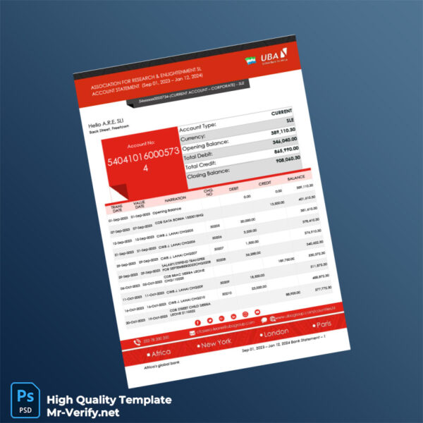 Sierra Leone UBA Bank Statement Template in Word and PDF formats 3 page
