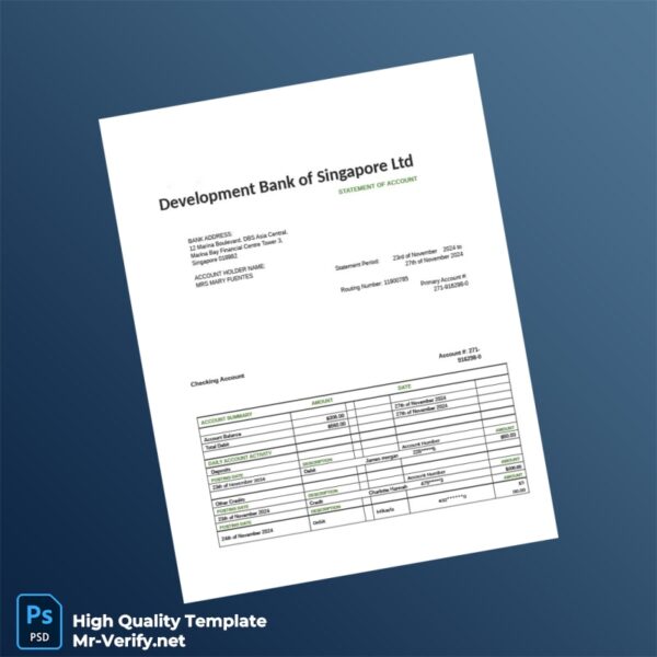 Singapore DBS Bank Statement Template in Word and PDF formats 2 page