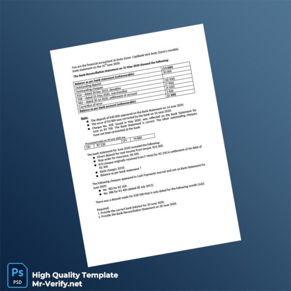 South Africa Bank Recon Example and Solution Template in Word and PDF formats 2 page