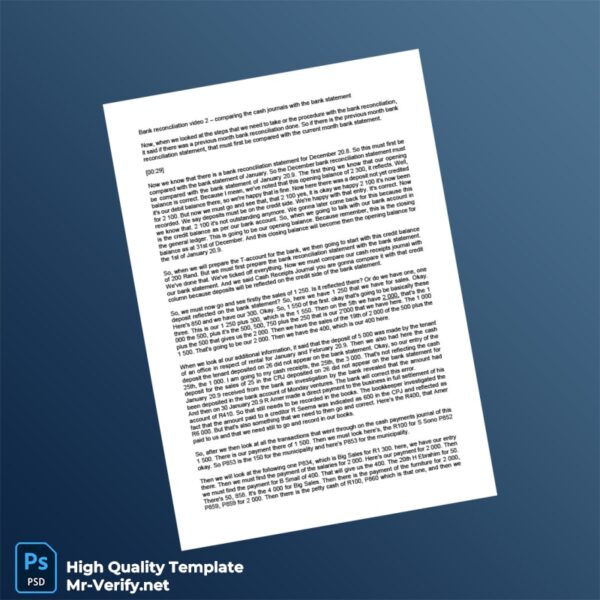 South Africa Bank Reconciliation Statement Template in Word and PDF formats 2 page