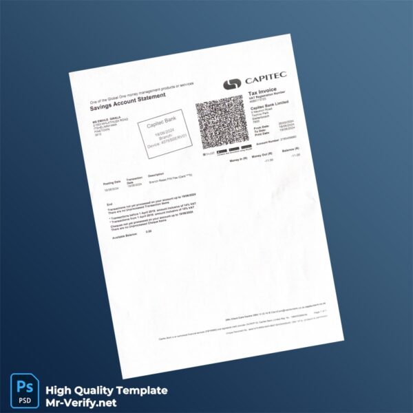 South Africa Capitec Bank Savings Account Statement Template in Word and PDF formats