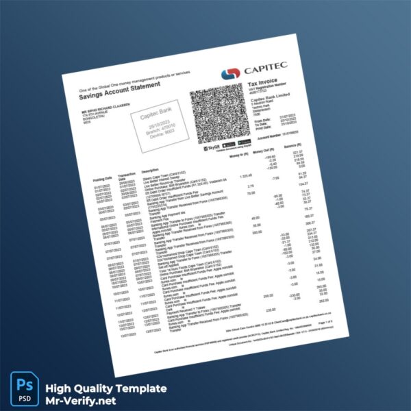 South Africa Capitec Bank Savings Statement Template in Word and PDF formats 8 page