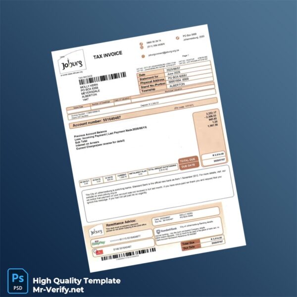 South Africa City Of Johannesburg Editable Utility Bill Template in Word and PDF formats