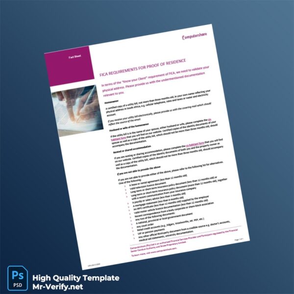 South Africa Computershare Editable FICA Requirements Fact Sheet Proof of Residence Template in Word and PDF formats