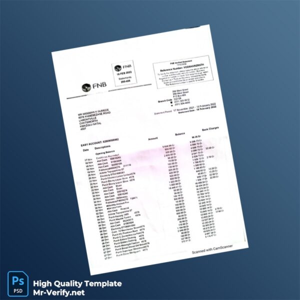 South Africa FNB Bank Statement Template in Word and PDF formats 3 page