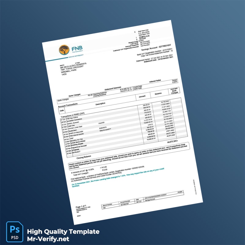 South Africa First National Bank Bank Statement Template in Word and PDF formats South Africa First National Bank Bank Statement Template in Word and PDF formats