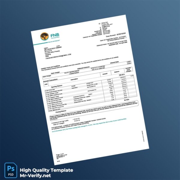 South Africa First National Bank Statement Template in Word and PDF formats