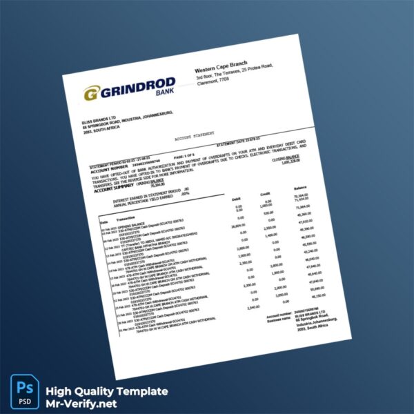 South Africa Grindrod Bank Statement Template in Word and PDF formats 5 page