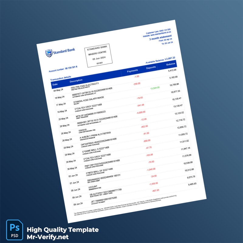 South Africa Standard Bank Statement Template in Word and PDF formats 4 page South Africa Standard Bank Statement Template in Word and PDF formats 4 page