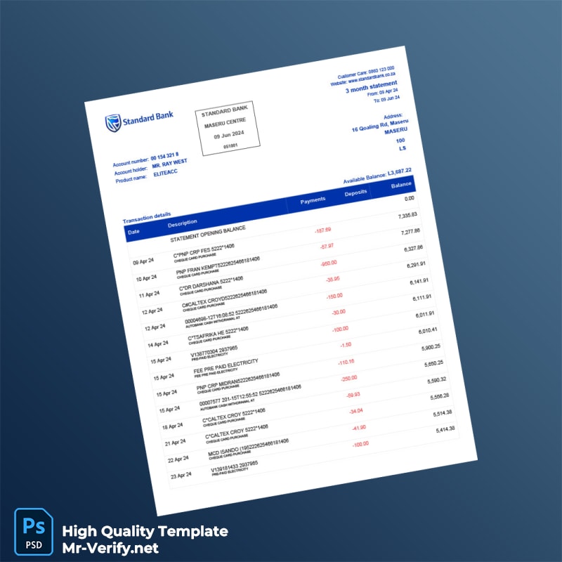 South Africa Standard Bank Statement Template in Word and PDF formats 4 page South Africa Standard Bank Statement Template in Word and PDF formats 4 page