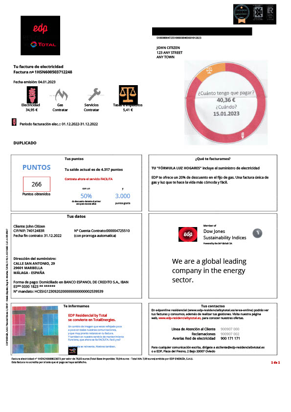 Spain EDP Editable Electricity Bill Template in Word and PDF formats