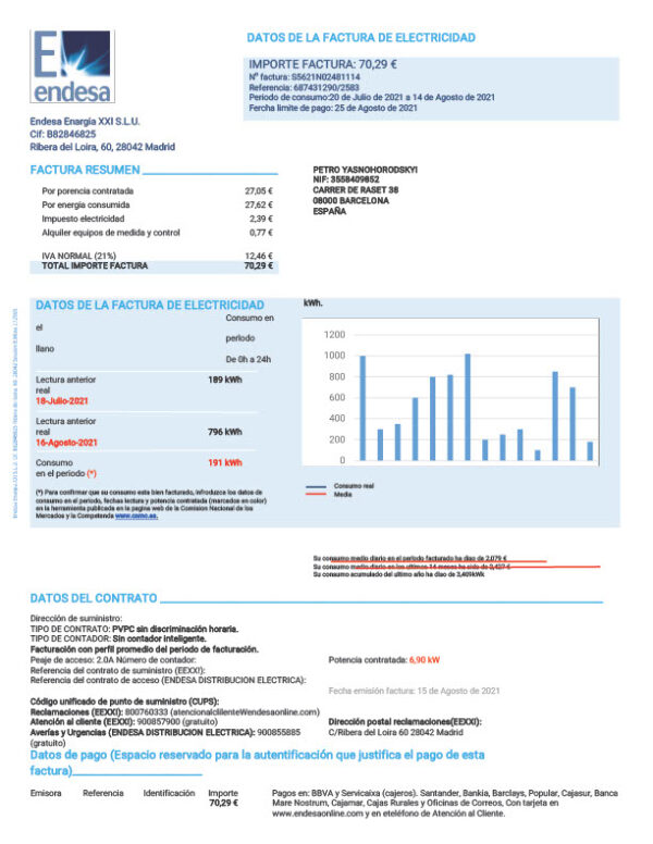 Spain Endesa Energía XXI S L U Editable Electricity Bill Template in Word and PDF formats 2 page