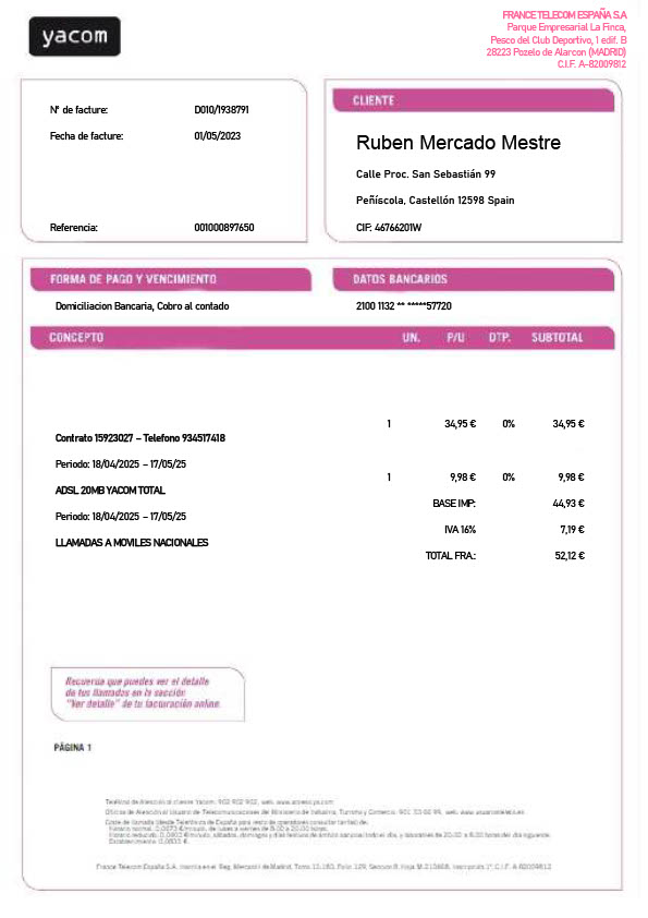 Spain France Telecom España S A Editable Utility Bill Template in Word and PDF formats