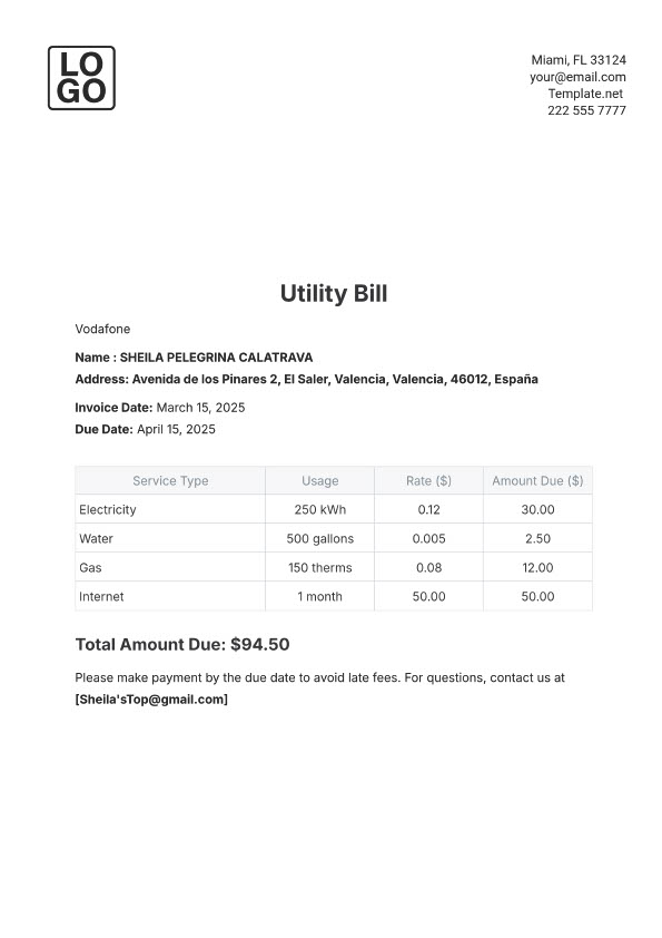 Spain Vodafone Editable Utility Bill Template in Word and PDF formats