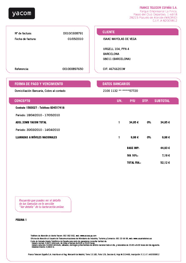 Spain Yacom Editable Phone Bill Template in Word and PDF formats