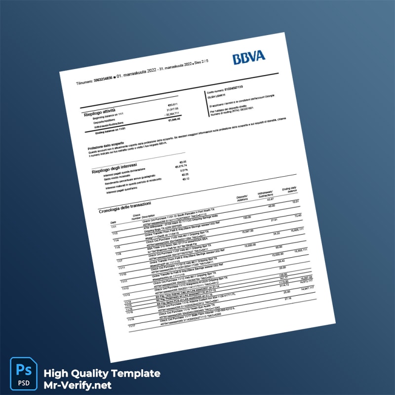 Spain BBVA Bank Statement Template in Word and PDF formats 5 page Spain BBVA Bank Statement Template in Word and PDF formats 5 page