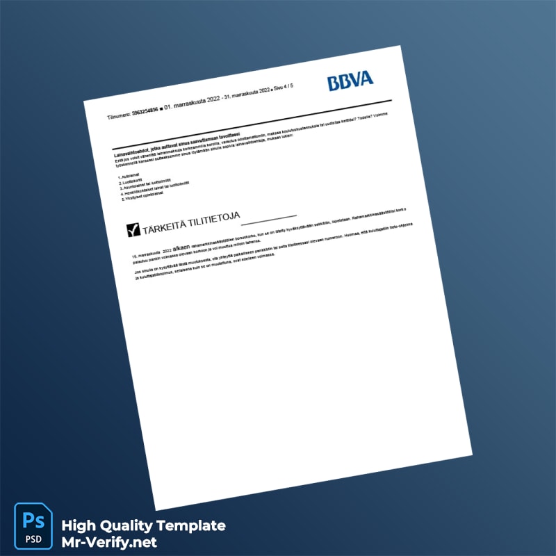 Spain BBVA Bank Statement Template in Word and PDF formats 5 page Spain BBVA Bank Statement Template in Word and PDF formats 5 page