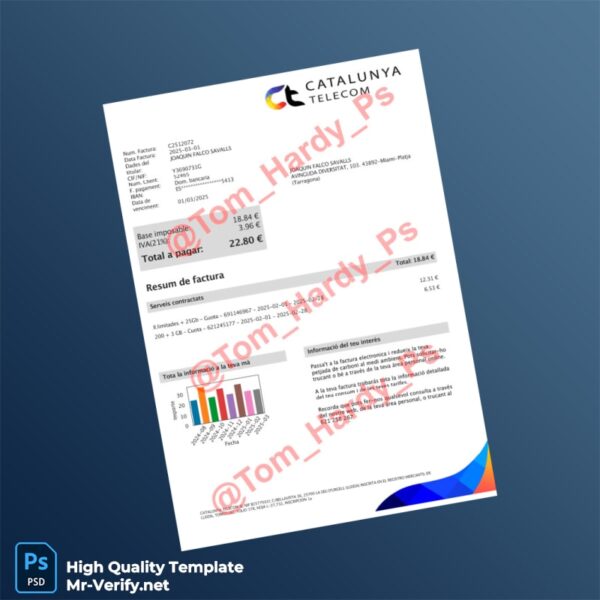 Spain Catalunya Telefónica Editable Utility Bill Template in Word and PDF formats 2 page