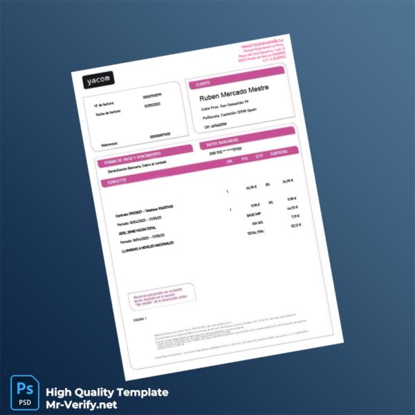 Spain France Telecom Editable Utility Bill Template in Word and PDF formats