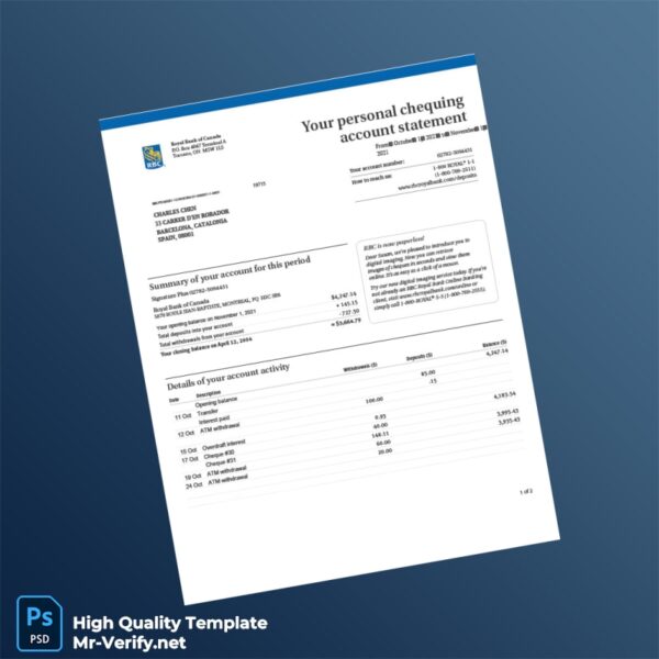 Spain Royal Bank of Canada Account Statement Template in Word and PDF formats