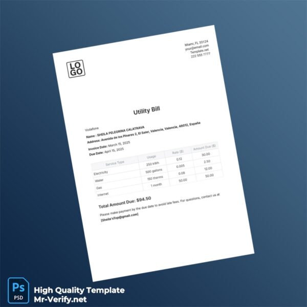 Spain Vodafone Editable Utility Bill Template in Word and PDF formats