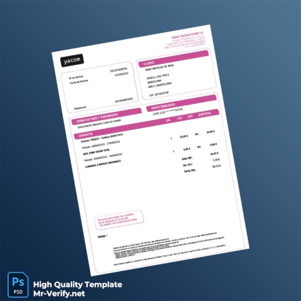 Spain Yacom Editable Internet Bill Template in Word and PDF formats
