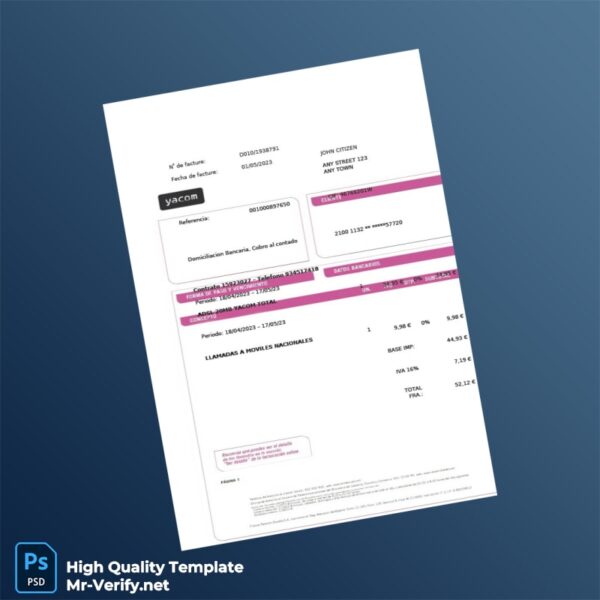 Spain Yacom Editable Utility Bill Template in Word and PDF formats 2 page