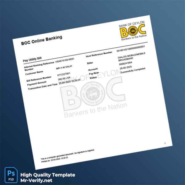 Sri Lanka Bank of Ceylon Editable Utility Bill Payment Confirmation Template in Word and PDF formats