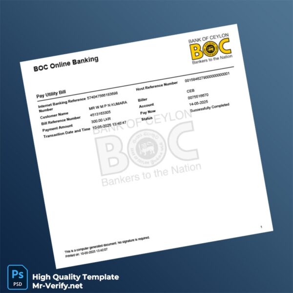 Sri Lanka Bank of Ceylon Editable Utility Bill Template in Word and PDF formats