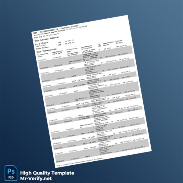 Sri Lanka Editable Bank Account Statement Template in Word and PDF formats 2 page