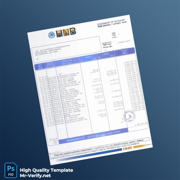 Sri Lanka HNB Bank Statement Template in Word and PDF formats 2 page