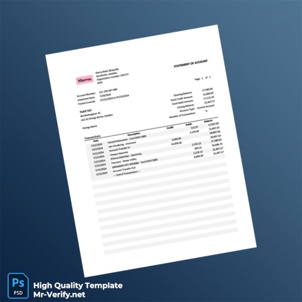 Sweden KLARNA Statement of Account Template in Word and PDF formats