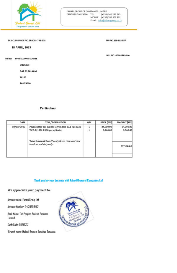 Tanzania Fahari Group of Companies Ltd Editable Utility Bill Template in Word and PDF formats