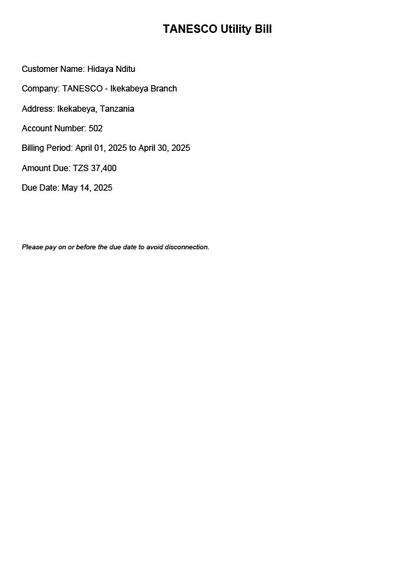 Tanzania TANESCO Editable Electricity Bill Template in Word and PDF formats