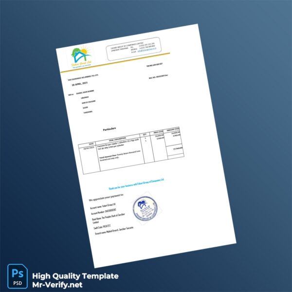 Tanzania Fahari Group of Companies Ltd Editable Utility Bill Template in Word and PDF formats