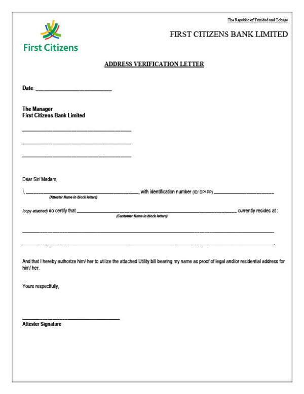 Trinidad and Tobago First Citizens Bank Editable Address Verification Letter Template in Word and PDF formats