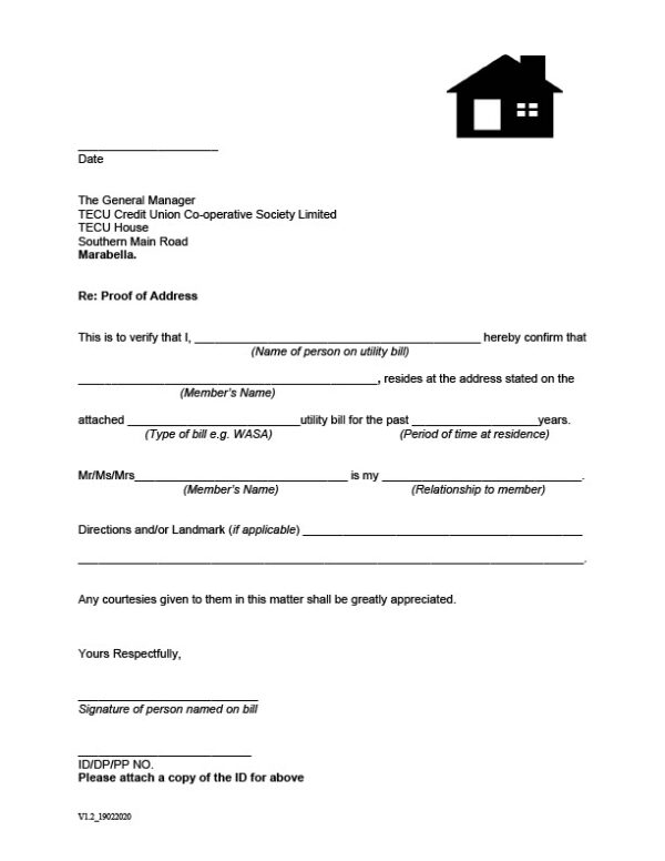 Trinidad and Tobago TECU Credit Union Co-operative Society Limited Editable Proof of Address Template in Word and PDF formats