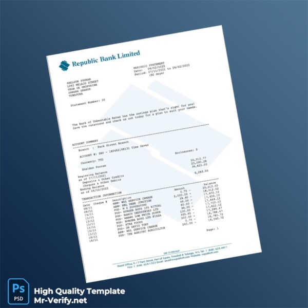 Trinidad and Tobago Republic Bank Bank Statement Template in Word and PDF formats 3 page