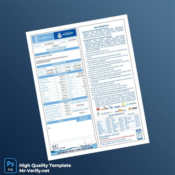 Turkey Editable Water Bill Template in Word and PDF formats