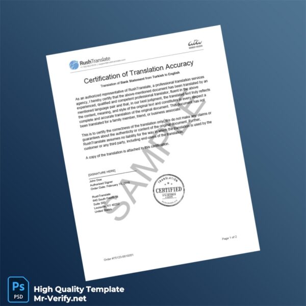 Turkey RushTranslate Bank Statement Template in Word and PDF formats 2 page